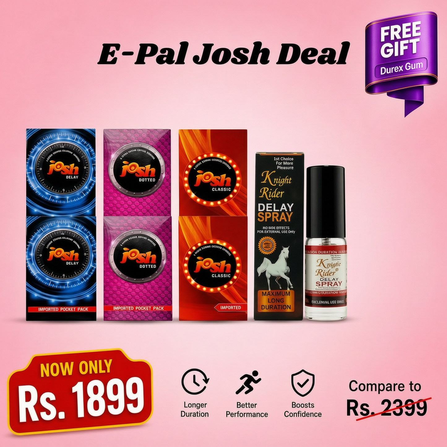 Josh Condoms Bundle Deal – 6 Packs (2 Each Variant) + FREE Knight Rider Spray Inside | Premium Protection Combo | Discreet Delivery in Pakistan