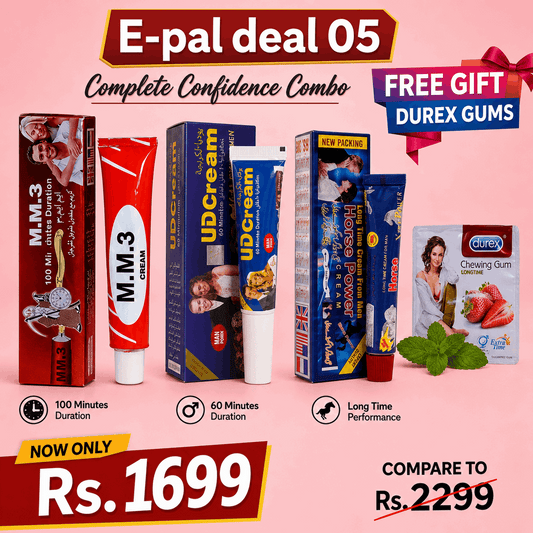 UD, MM3 & Horse Power Delay Cream Bundle with FREE Durex Gum Pack – Long Lasting Performance Combo | Buy Online in Pakistan | COD
