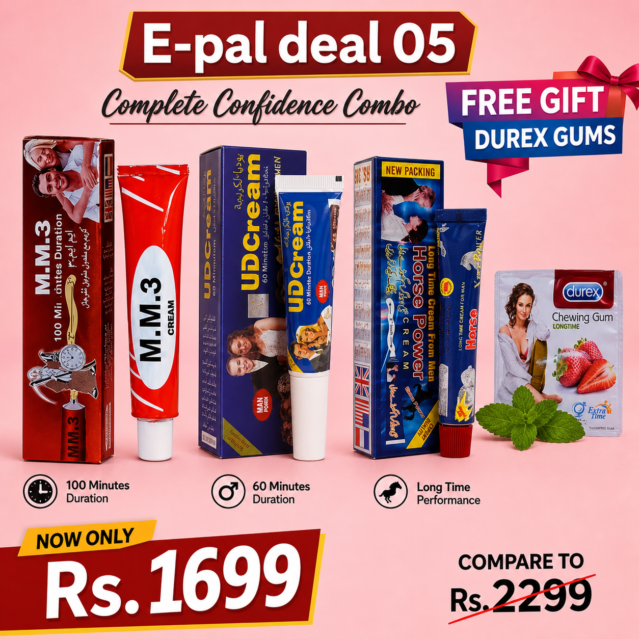 UD, MM3 & Horse Power Delay Cream Bundle with FREE Durex Gum Pack – Long Lasting Performance Combo | Buy Online in Pakistan | COD