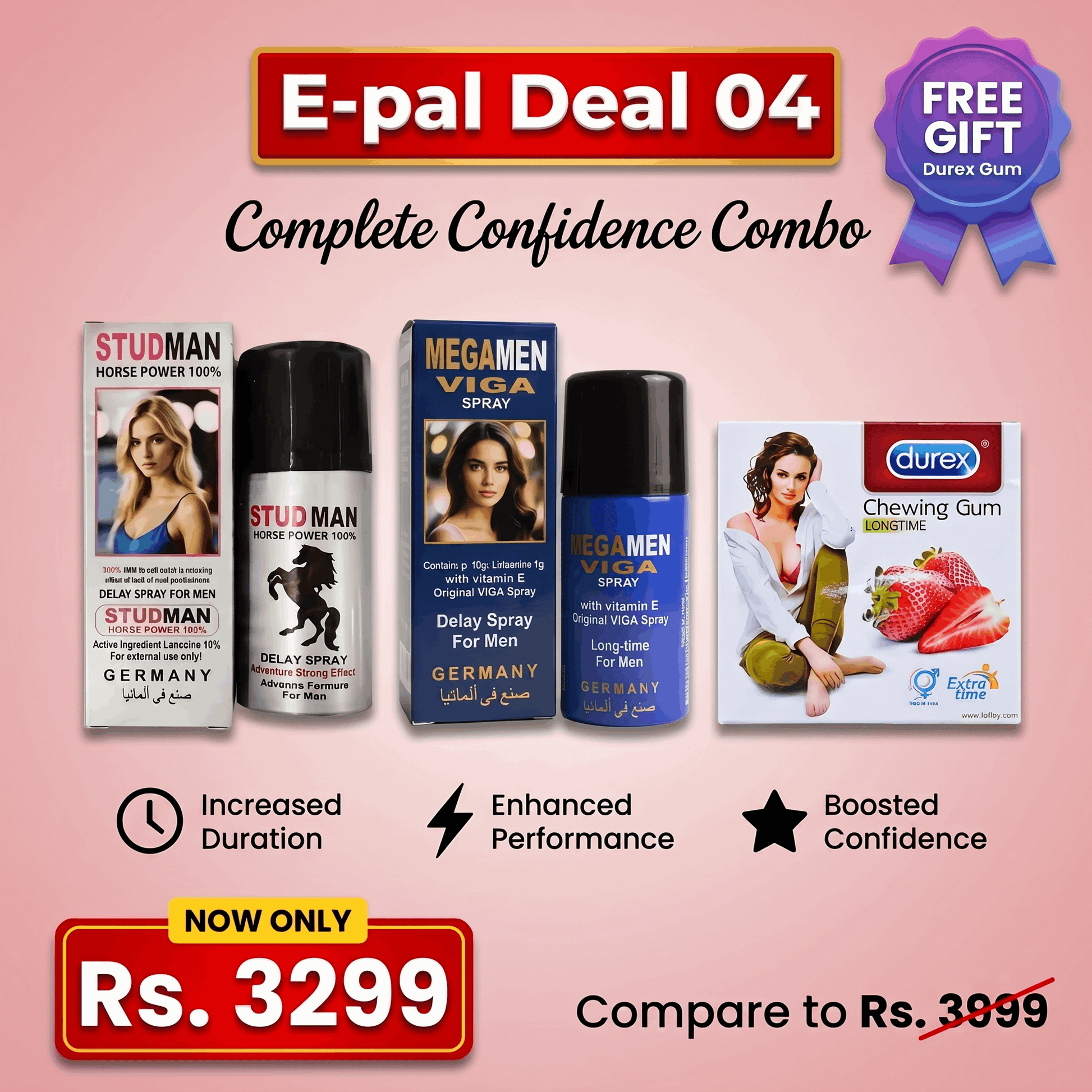 Studman Delay Spray + MegaMen Delay Spray Combo Deal – FREE Durex Gums (2 Packs) Gift | Performance Support Bundle | Discreet Delivery in Pakistan