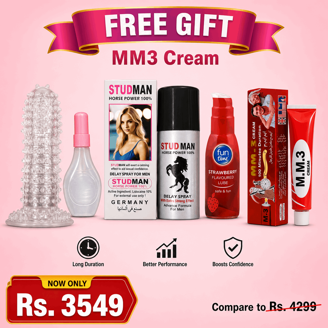 Crystal FL Condoms + Studman Delay Spray + Funtime Lube Combo Deal – FREE MM3 Cream Inside | Performance & Protection Bundle | Discreet Delivery in Pakistan