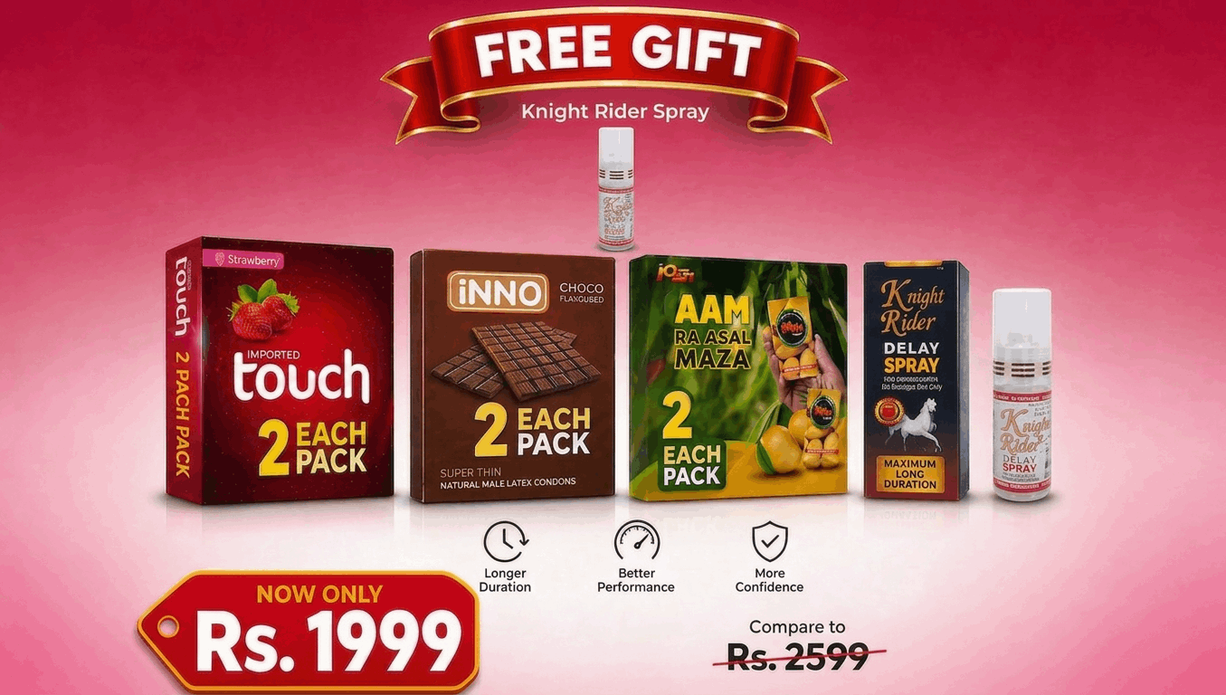 Flavored Condoms Bundle Deal in Pakistan – Touch Strawberry, Inno Chocolate, Josh Mango (2 Packs Each) + Free Knight Rider Spray