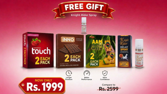 Flavored Condoms Bundle Deal in Pakistan – Touch Strawberry, Inno Chocolate, Josh Mango (2 Packs Each) + Free Knight Rider Spray