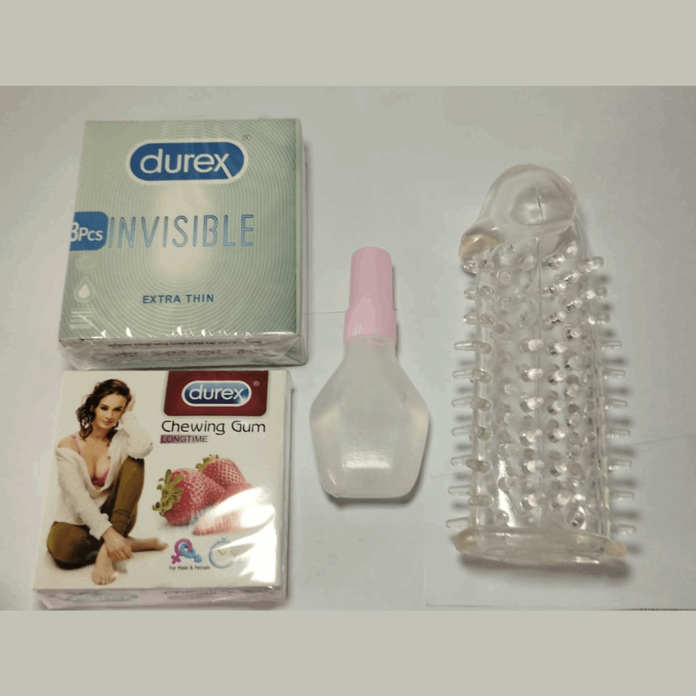 Reusable Silicone Textured Sleeve – Washable Crystal Condom with free gift bubble gum  + Durex Condom 3 pack