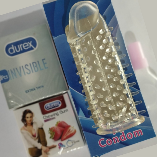 Reusable Silicone Textured Sleeve – Washable Crystal Condom with free gift bubble gum  + Durex Condom 3 pack