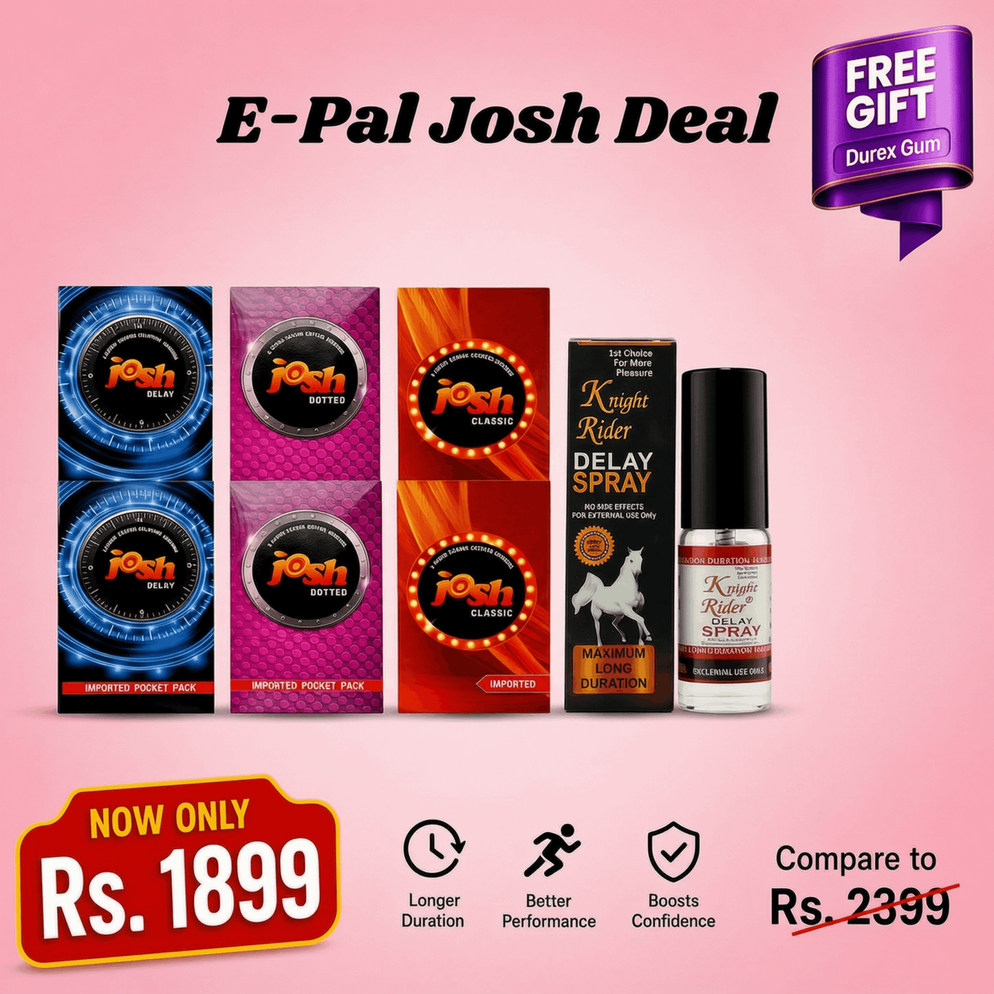 Josh Condoms Bundle Deal – 6 Packs (2 Each Variant) + FREE Knight Rider Spray Inside | Premium Protection Combo | Discreet Delivery in Pakistan